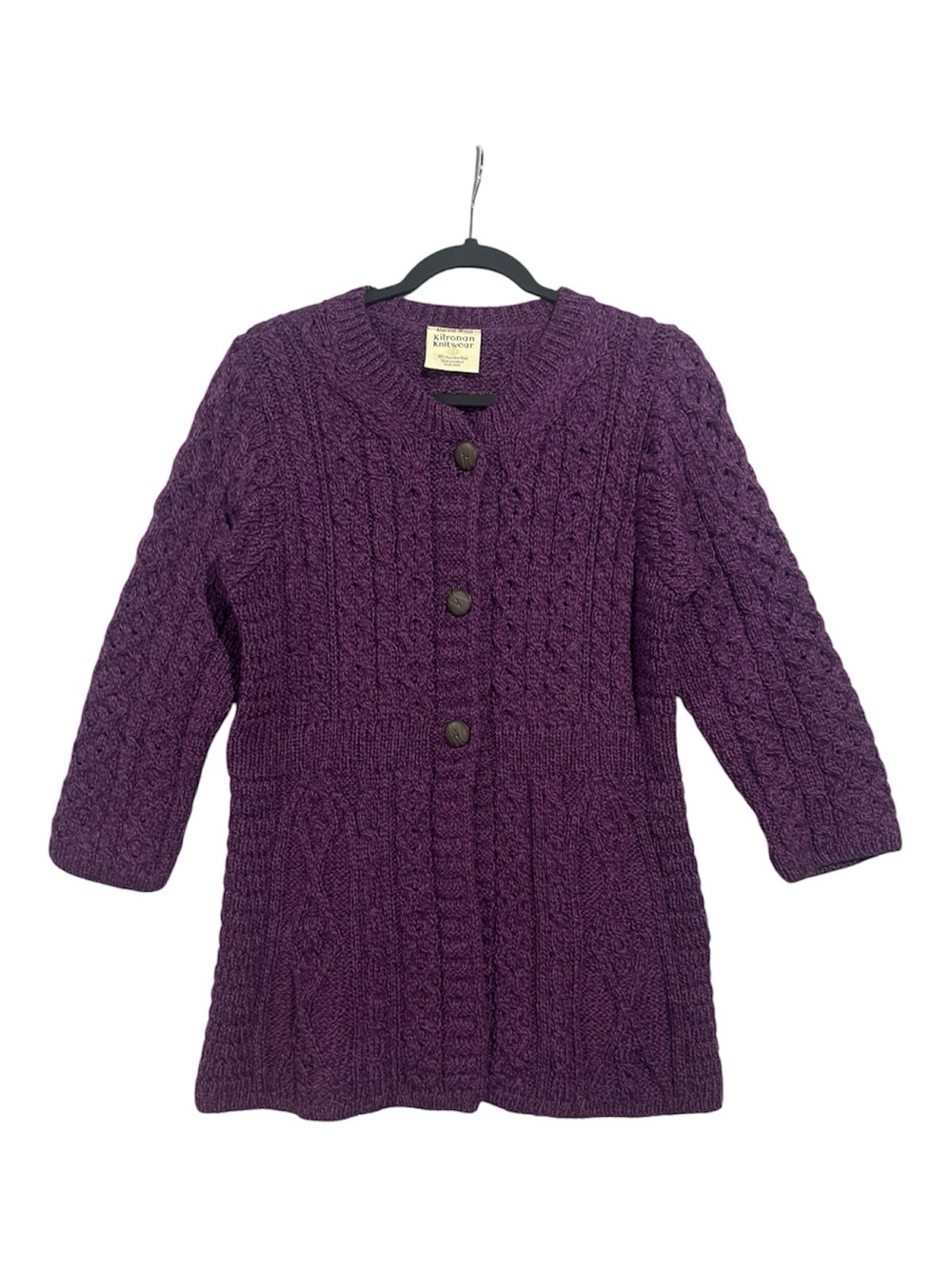 Kilronan Knitwear Cable-Knit Cardigan Women’s XS Purple Merino Wool Ireland